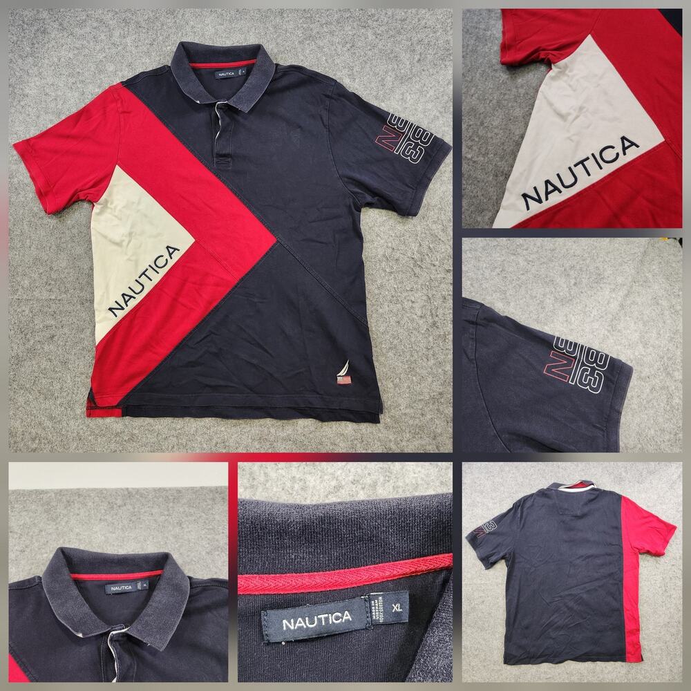 Nautica Polo‎ Shirt Mens XL Navy Red Colorblock N83 Sailboat Flag Short Sleeve